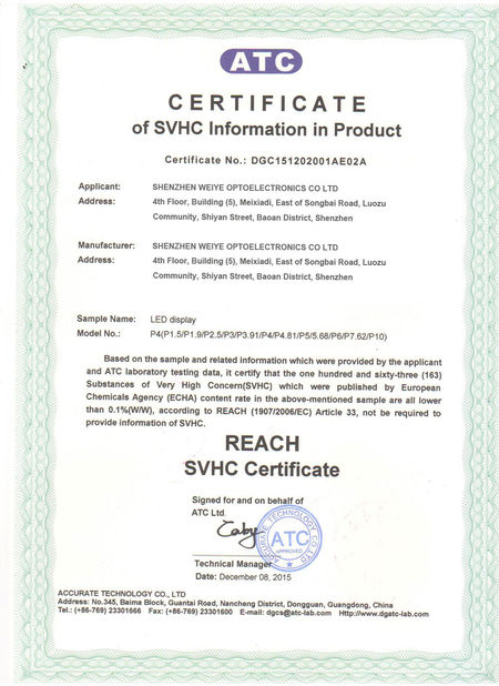 CHINA Shenzhen Weiye Optoelectronics Co., Ltd. Certificações